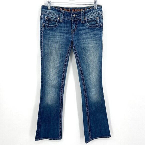 ROCK REVIVAL Evelyn Boot Cut Sequin Rhinestone Bling Pocket Denim Blue Jeans 27 - Picture 1 of 11